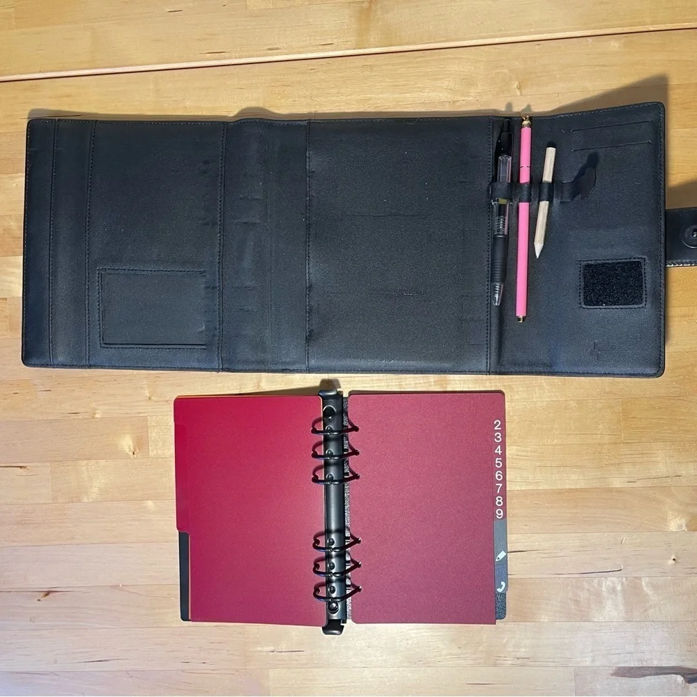 Vintage Time Manager Original Black Gloss Leather 6-Ring Personal Planner Binder